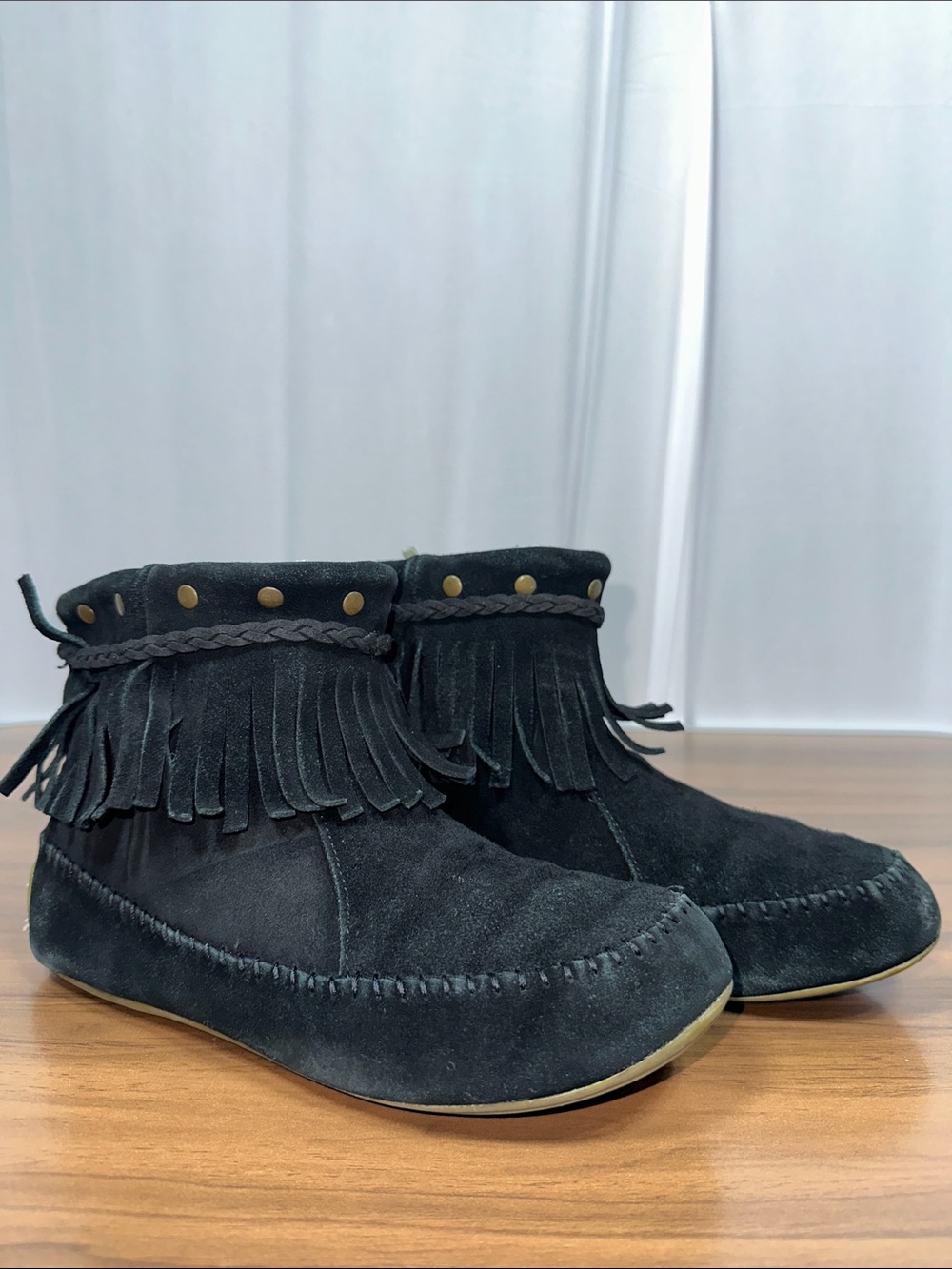 Lucky Brand Black Suede Fringe Moccasins with Stud and Braid Trim